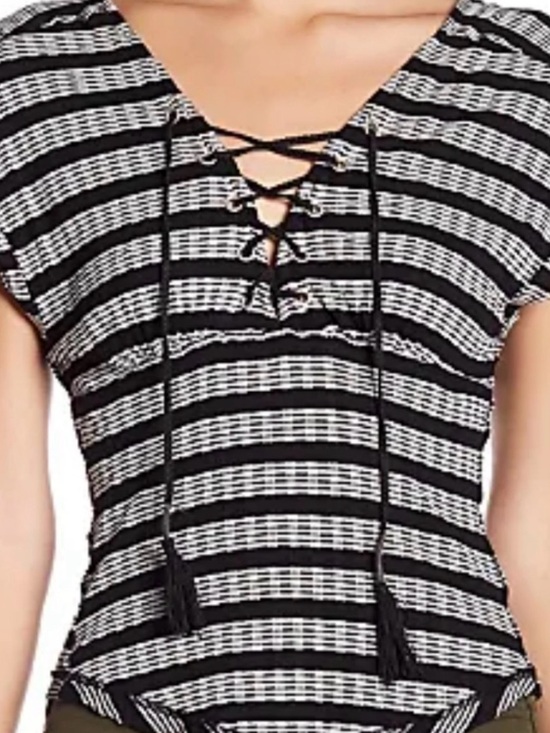 We The Free Tops - We The Free Black & White Lace-Up Striped V-Neck Top